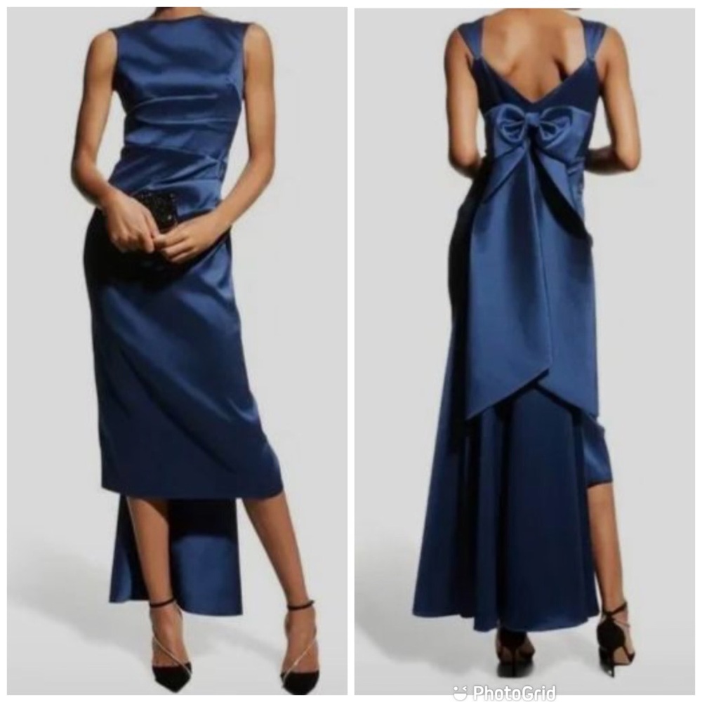 AIDAN MATTOX Teal Sleeveless Bow Train Midi Cocktail Sheath‎ Dress Size 6 New